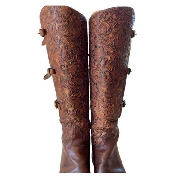 Lucchese Women's Brown Hand Made Tooled Leather Tall Riding Knee Boots Size 7.5 - Picture 2 of 12